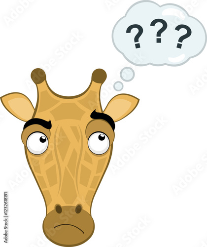 vector illustration emoji head character giraffe cartoon, with a doubtful or thinking expression and a thought cloud with question marks
