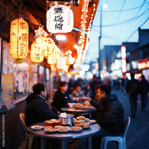 Night Market Scene with Lanterns and People Dining Outdoors
