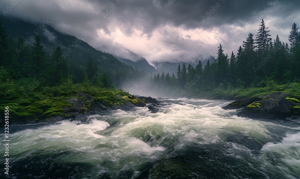 Obraz premium A turbulent river flows through a misty forest under dark, dramatic skies.