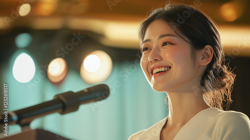 スピーチする日本人の女性