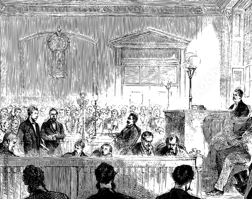 Arraignment in a courtroom, judge and defendant. Line art drawing black and whit, with spectators.