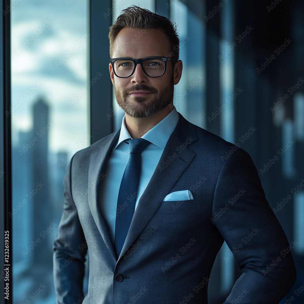 Fototapeta premium Corporate professional leadership portrait in urban office setting business environment contemporary viewpoint career empowerment