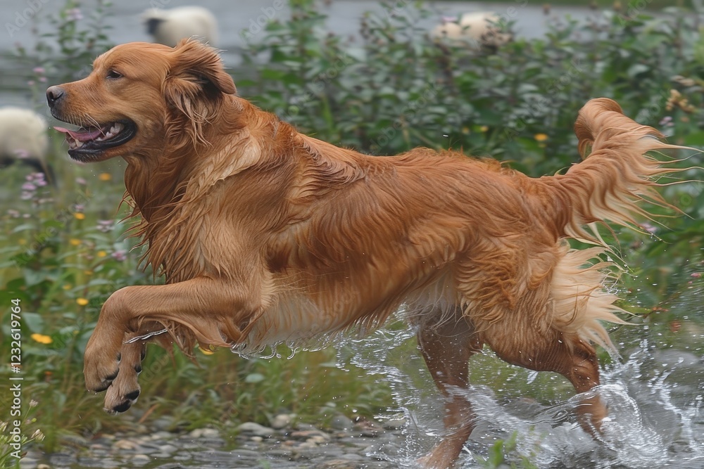 A playful golden retriever runs joyfully through shallow water, splashing around amidst a lush green background. A playful golden retriever runs joyfully through shallow water, splashing around amidst a lush green background.