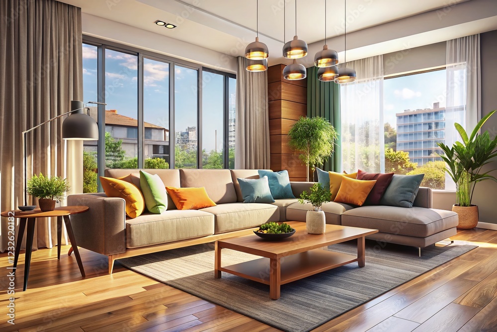 Modern Open Plan Living Room Design with Minimalist Furniture & Large Windows - Contemporary Home Interior Modern Open Plan Living Room Design with Minimalist Furniture & Large Windows - Contemporary Home Interior