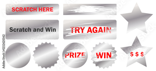 Silver lottery scratch cards featuring a metallic protective layer that can be erased. These gambling tickets showcase a scraping texture effect, designed as instant-win coupons. vector-based promotio