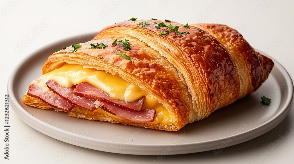 Ham and cheese croissant with melted cheese, flaky texture, served on a plate with soft natural lighting in food photography
Ham and cheese croissant with melted cheese, flaky texture, served on a plate with soft natural lighting in food photography