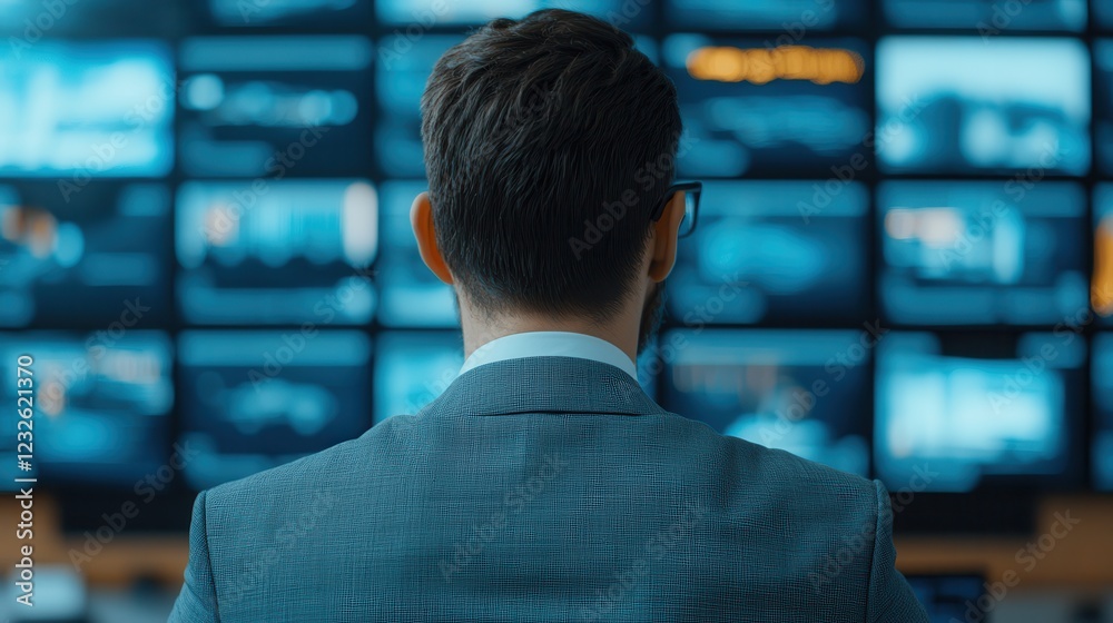 E-commerce+success story. Man in suit observing multiple screens displaying information.