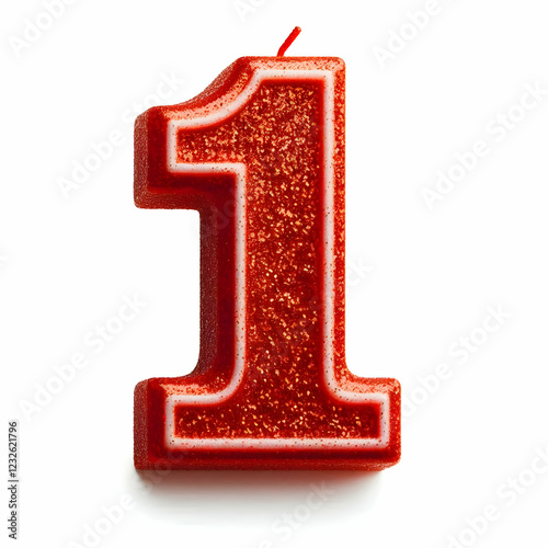 red candle number 1 in glitter texture isolated on white background 