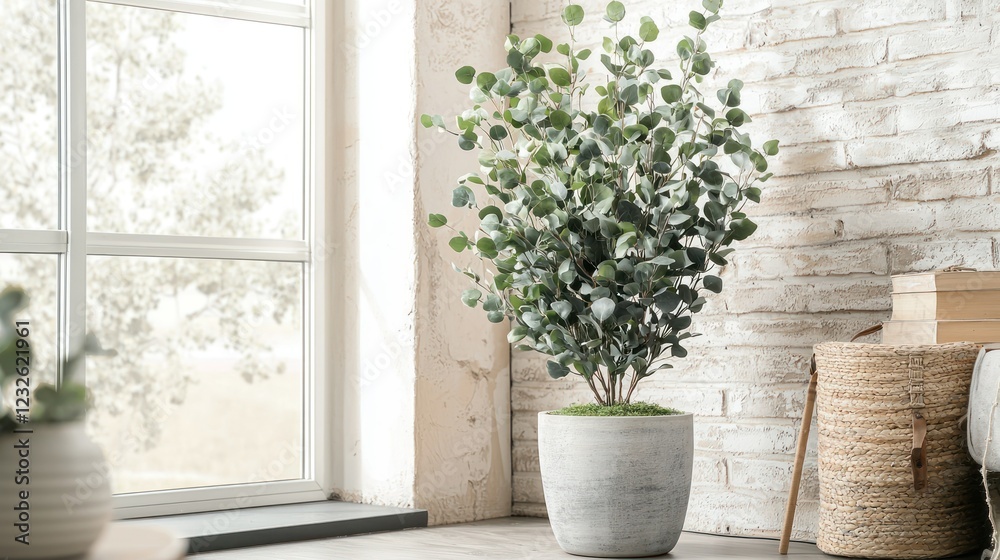 Fototapeta premium A decorative indoor space featuring a potted eucalyptus plant in the corner, adding greenery and freshness to the room.