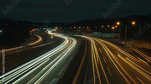 Highway intersections illuminated at night, with car headlights forming flowing trails photo