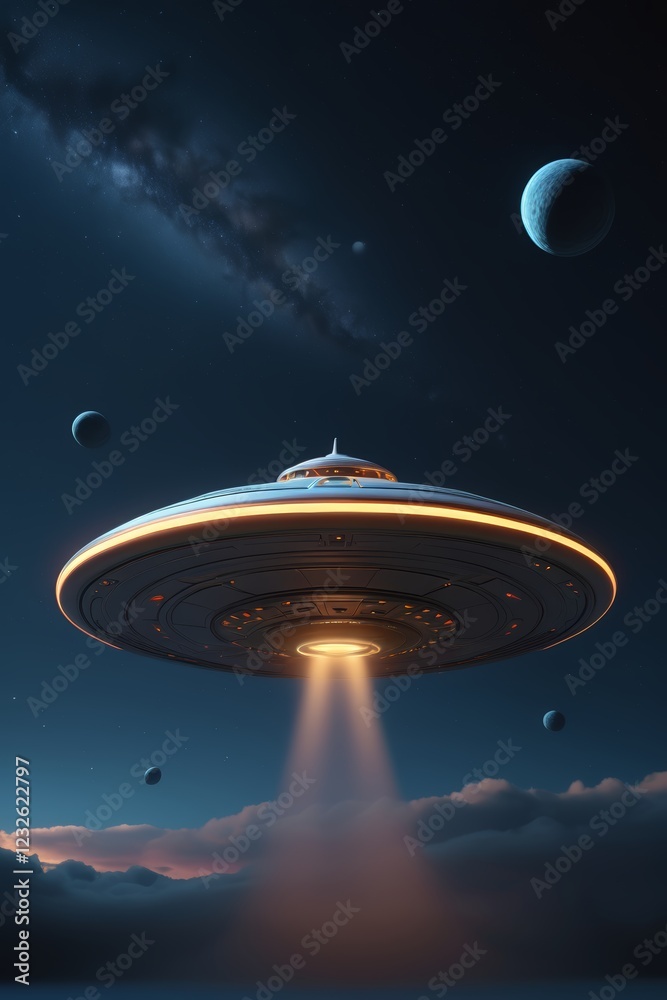 spaceship flying over a planet with a star in the sky spaceship flying over a planet with a star in the sky