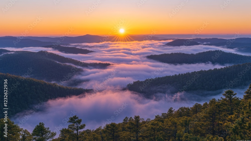 Fototapeta premium Majestic Sunrise Over Foggy Mountain Landscape