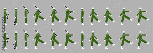 Soldiers march with weapons. Army pictogram design.
