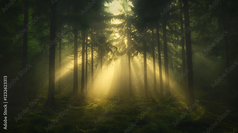 Naklejka premium Sunlight filters through a dense forest, creating a serene and mystical atmosphere.