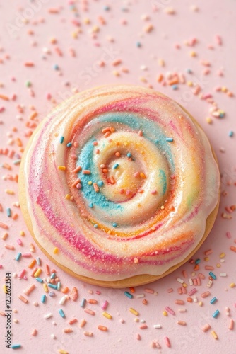 a close up of a colorful swirl cookie on a pink surface