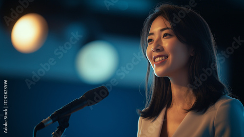スピーチする日本人の女性