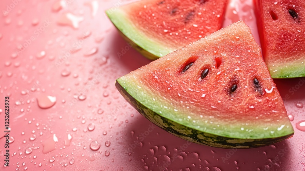 Juicy watermelon slices with water droplets on pink background. Juicy watermelon slices with water droplets on pink background.