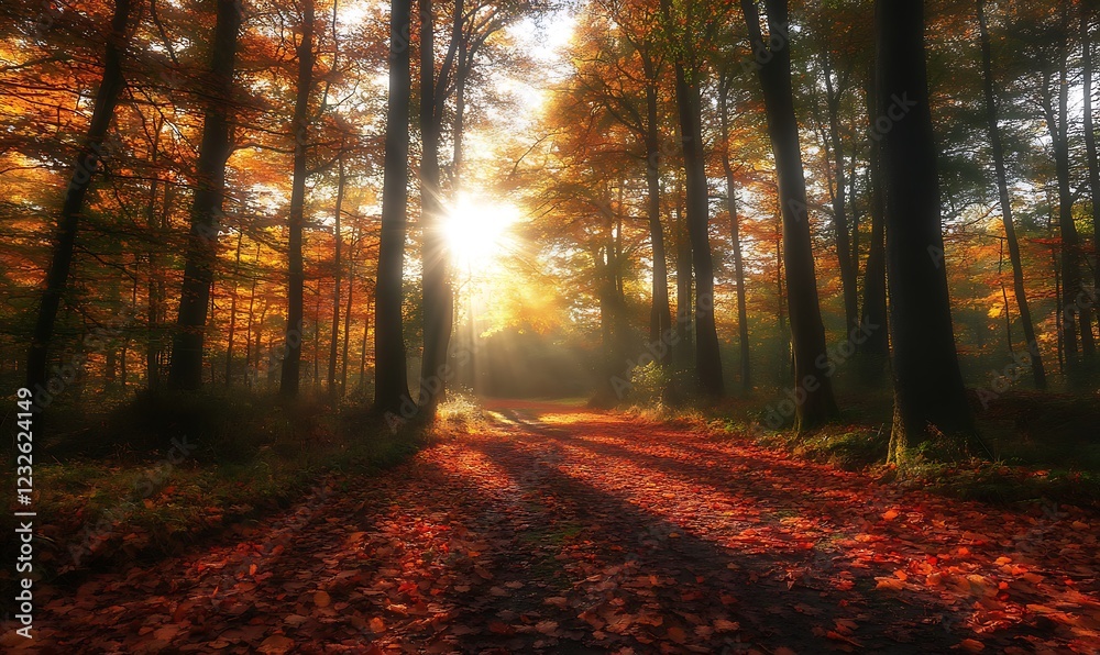Obraz premium Serene autumn forest scene with sun rays illuminating a path covered in colorful leaves.
