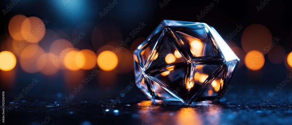 A crystal dodecahedron sits on a reflective surface, illuminated by warm, soft bokeh lights in the background, creating a magical atmosphere. A crystal dodecahedron sits on a reflective surface, illuminated by warm, soft bokeh lights in the background, creating a magical atmosphere.