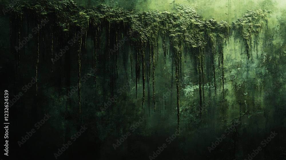 Dark moody swamp scene lush green moss hangs dramatically low light enhances mysterious ambiance. AI Generated