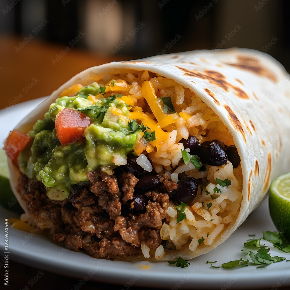 Burrito filled with meat beans cheese and vegetables wrapped in a large flour tortilla