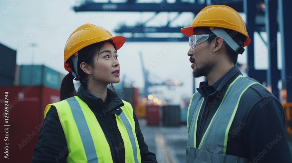Engineers discuss logistics at cargo port Engineers discuss logistics at cargo port