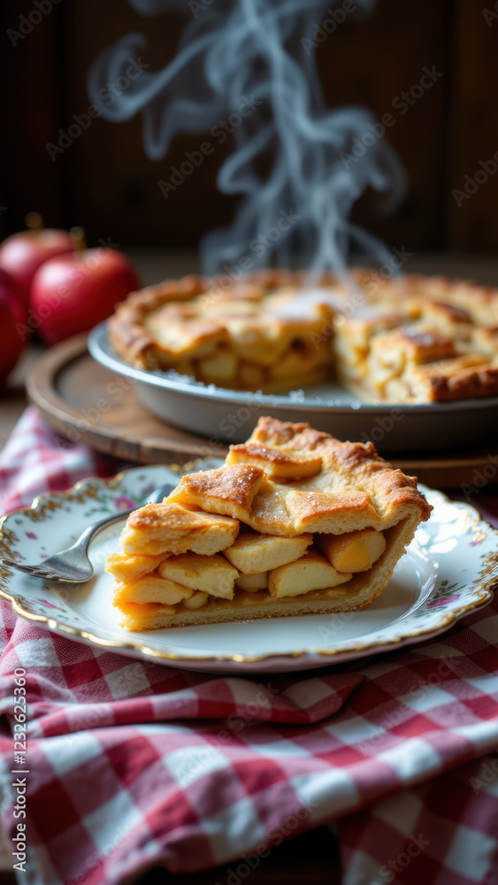 Warm apple pie with steam rising from it, placed on a wooden tablecloth. Warm apple pie with steam rising from it, placed on a wooden tablecloth.