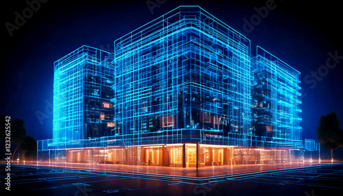 Digital illustration of a modern building, with a network of glowing blue lines outlining its structure, highlighting the form and features. Modern office building at night