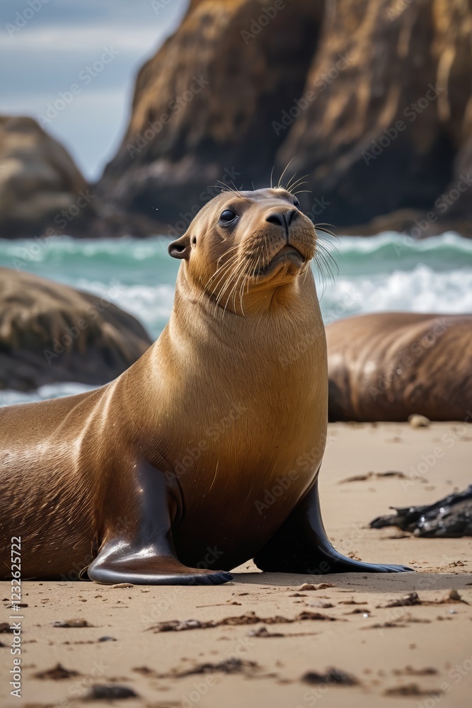 Fototapeta premium there is a seal sitting on the beach with the ocean in the background