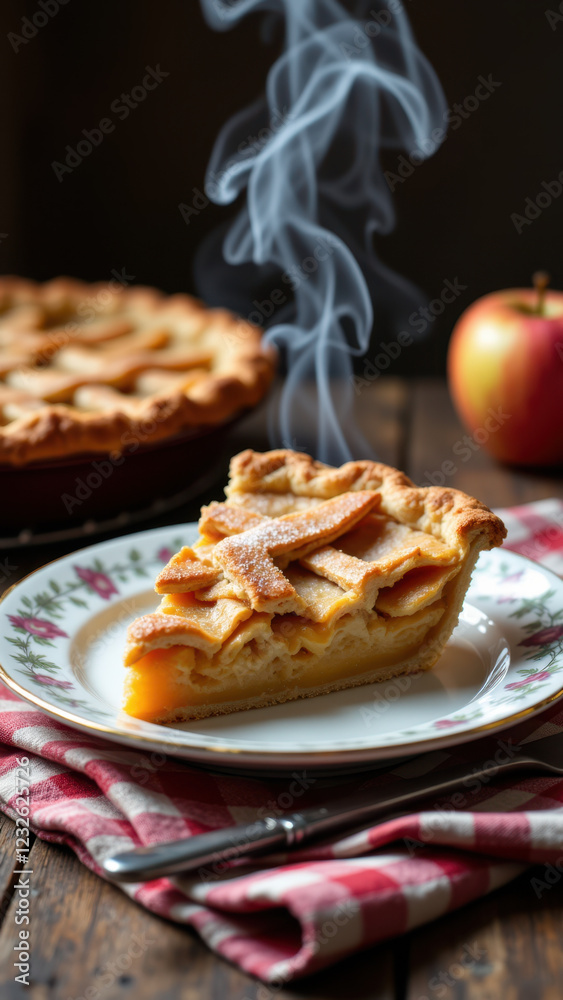 Slice of apple pie with steam rising from top on a plate. Slice of apple pie with steam rising from top on a plate.