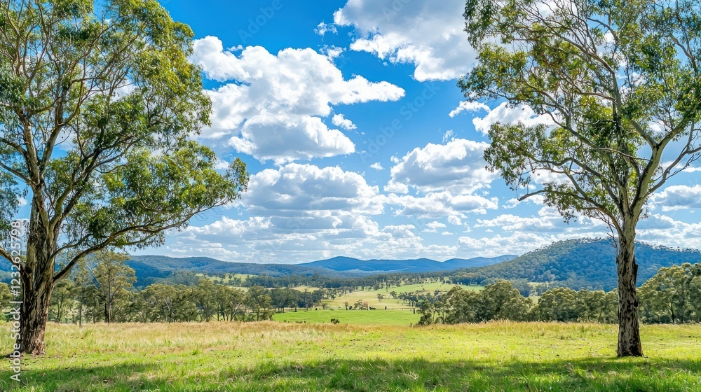 A peaceful Australian landscape with eucalyptus trees in the foreground, offering a glimpse of the rugged wilderness. A peaceful Australian landscape with eucalyptus trees in the foreground, offering a glimpse of the rugged wilderness.