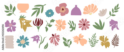 Set of hand drawn floral design elements, abstract shapes, leaves. Contemporary modern vector botanical art illustrations in trendy peach fuzz color palette isolated on transparent background.