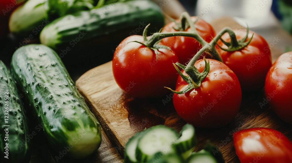 fresh, vibrant vegetables--tomatoes, cucumbers, and bell peppers--artfully arranged on a rustic wooden cutting board fresh, vibrant vegetables--tomatoes, cucumbers, and bell peppers--artfully arranged on a rustic wooden cutting board