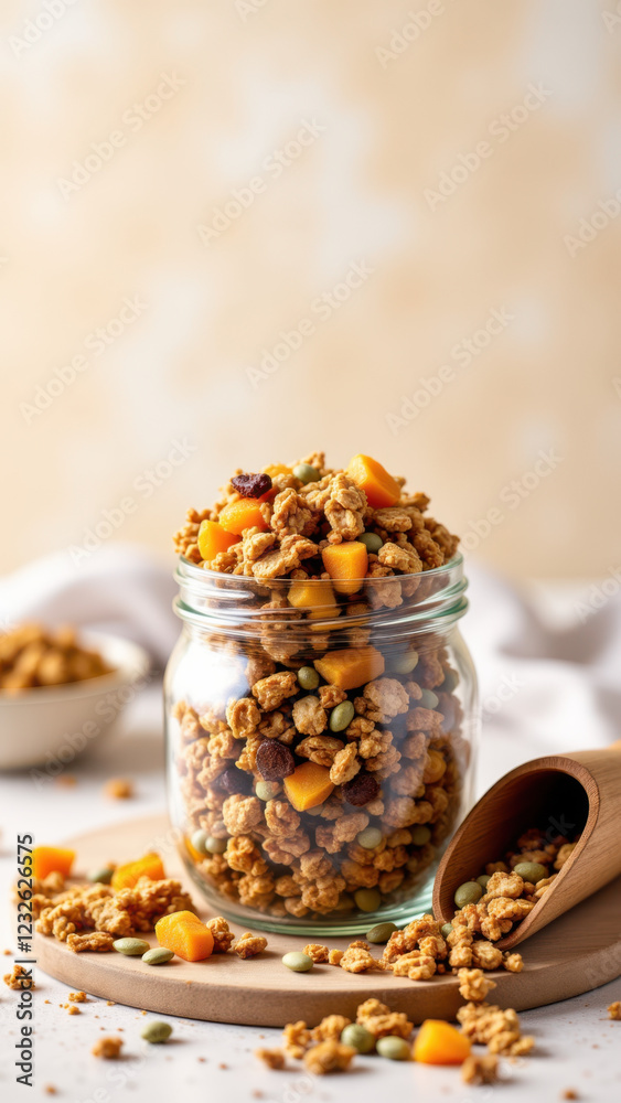 A jar filled with granola and various nuts, accompanied by a small bowl of honey on a wooden table. A jar filled with granola and various nuts, accompanied by a small bowl of honey on a wooden table.