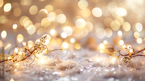 A dreamy wallpaper of blurred bokeh lights in golden and white hues on a soft cream background