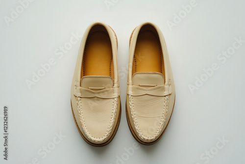 A pair of beige loafers placed symmetrically on a clean white background photo