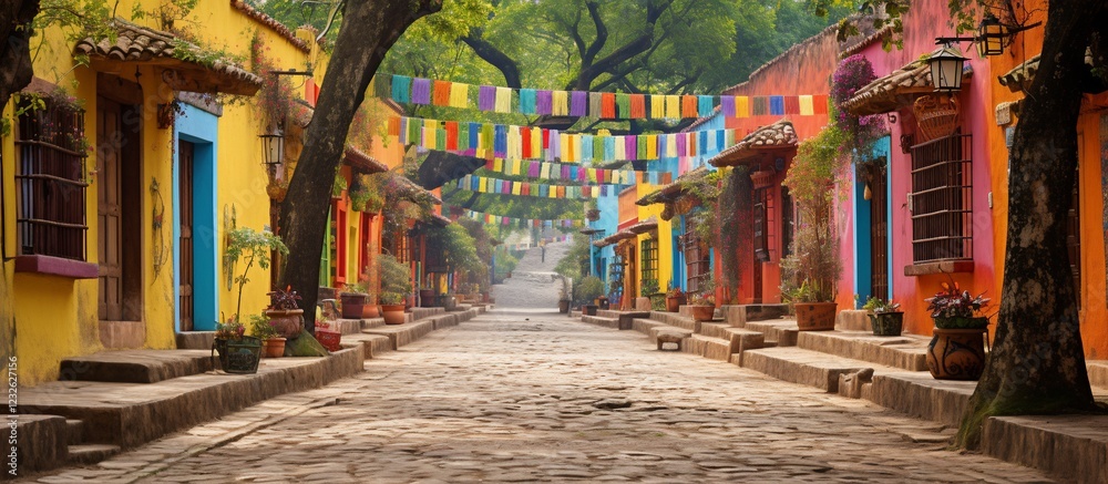 Fototapeta premium Vibrant street lined with colorful buildings and festive decorations in a serene village