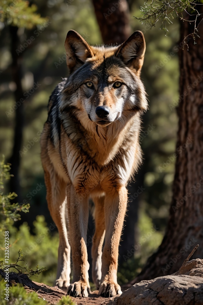 Fototapeta premium there is a wolf standing on a rock in the woods