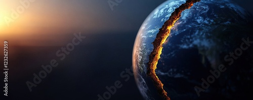 A dramatic view of Earth showcasing a crack emitting a fiery glow, symbolizing geological processes or potential catastrophic events.