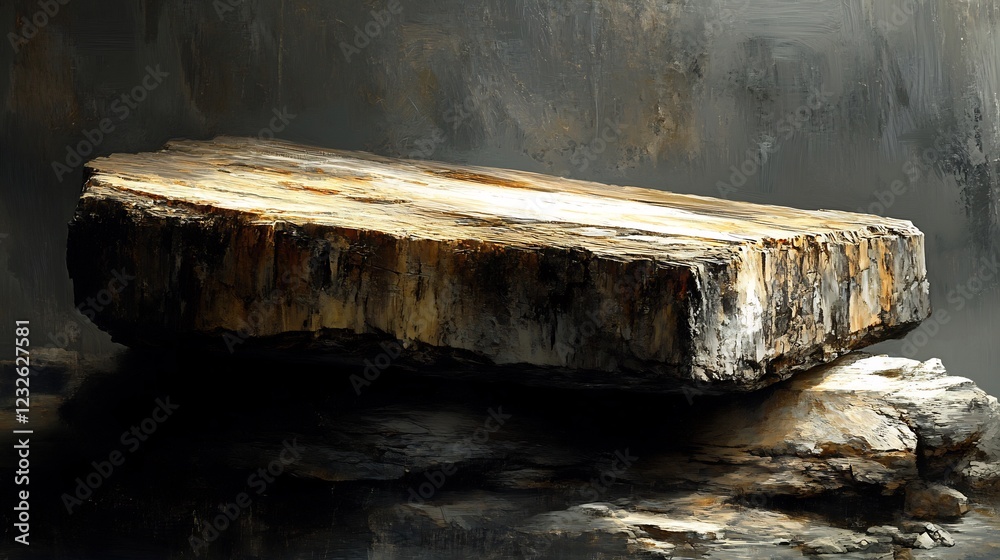Ancient petrified wood rests serenely atop grey stone bathed in soft light. AI Generated Ancient petrified wood rests serenely atop grey stone bathed in soft light. AI Generated
