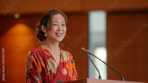 スピーチする日本人の女性