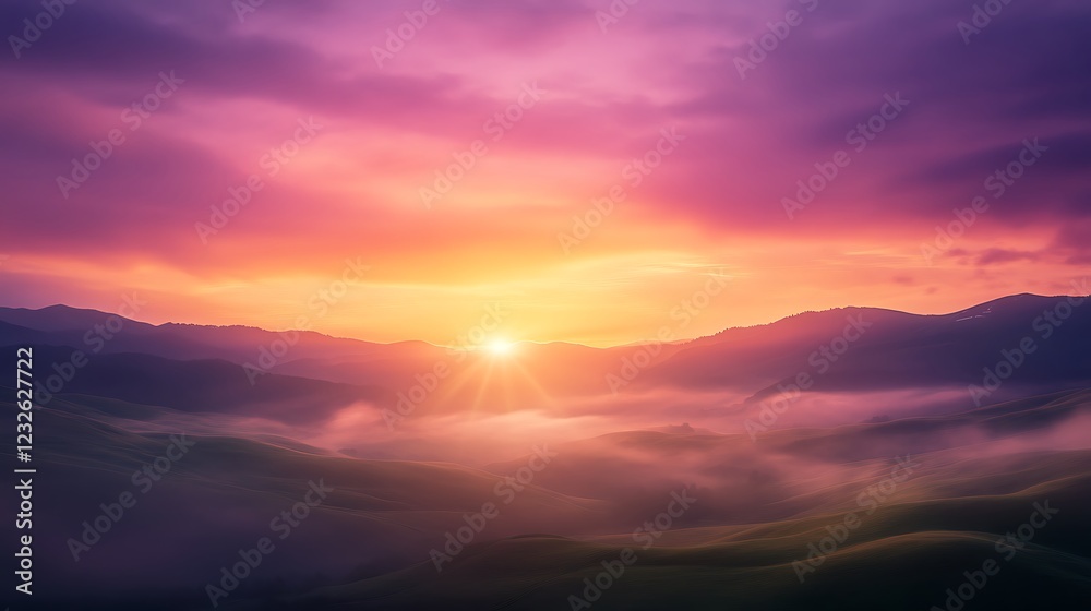 Fototapeta premium Vibrant sunrise over misty mountains, painting the sky in shades of purple and pink.