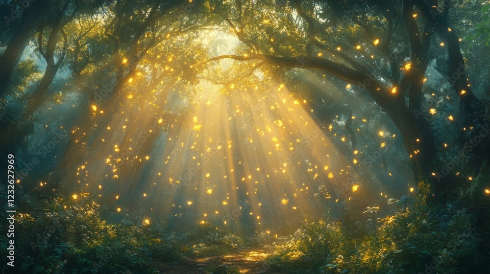 Fototapeta premium Enchanted Forest Path with Glowing Fireflies and Golden Sunlight