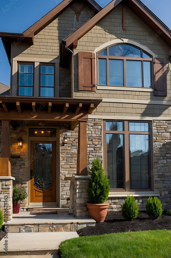Obraz premium Luxury Stone and Wood House Exterior: Modern Home Design and Architecture