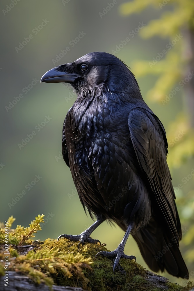 Fototapeta premium there is a black bird sitting on a mossy branch