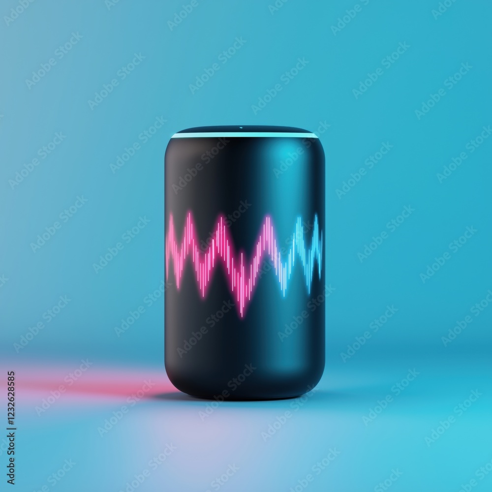Obraz premium Modern bluetooth speaker with dynamic led sound waves in vibrant blue and pink tones, ideal for contemporary music lovers