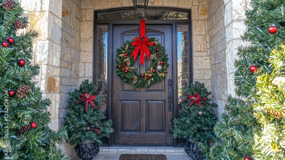 A front door adorned with a large evergreen wreath, decorated with red ribbons and festive ornaments, welcoming visitors. A front door adorned with a large evergreen wreath, decorated with red ribbons and festive ornaments, welcoming visitors.