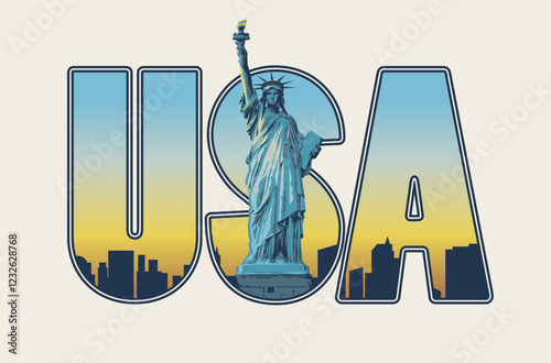 Vector banner with letters USA with Statue of Liberty silhouettes of skyscrapers inside letters on light background. Suitable for t-shirt design