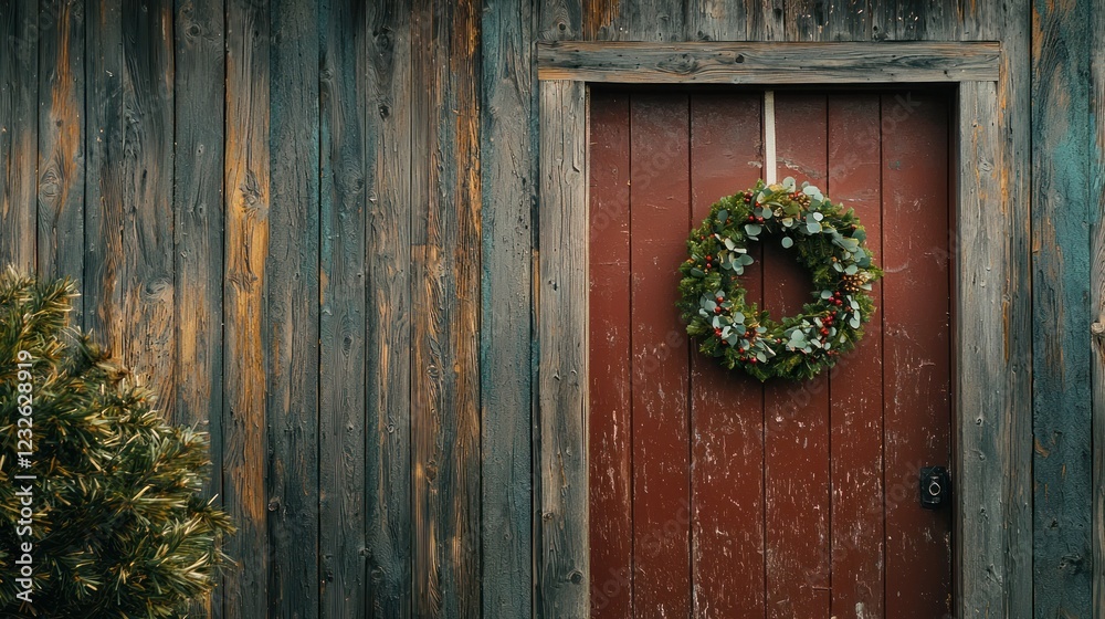 A holiday setting with an evergreen wreath placed on a rustic wooden door, evoking warmth and tradition. A holiday setting with an evergreen wreath placed on a rustic wooden door, evoking warmth and tradition.