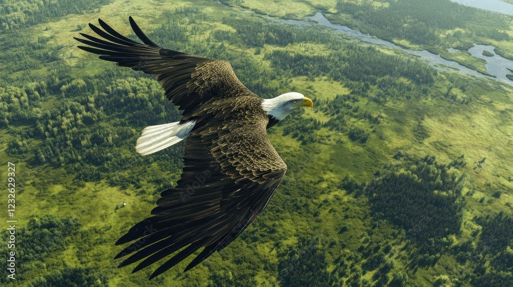 Fototapeta premium Majestic Bald Eagle Soaring Over Lush Alaskan Wilderness